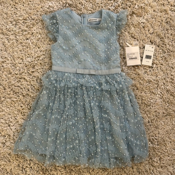 Self Portrait Dress- Size 5 / 6 GIRLS BLUE BEAD & FAUX PEARL TULLE DRESS - Picture 3 of 8